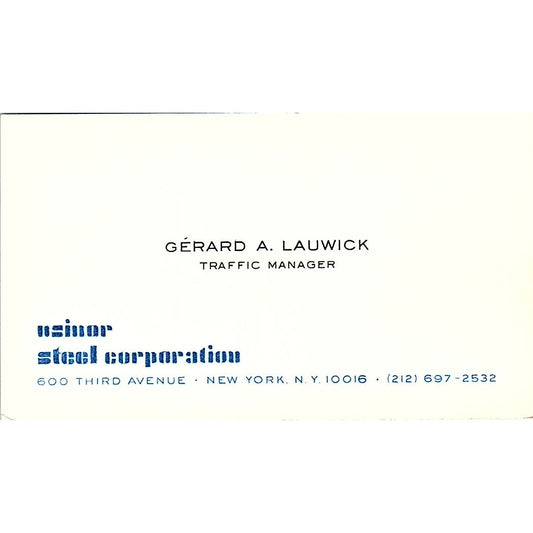 Gerard A Lauwick Usinor Steel Corp NY Vintage Business Card SC9-B12