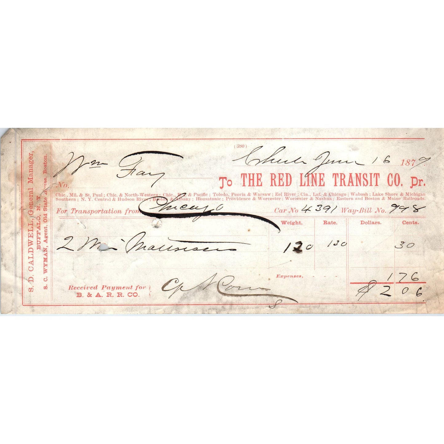 1879 The Red Line Transit Co B&A RR Co Buffalo NY Original Waybill Billhead AE7