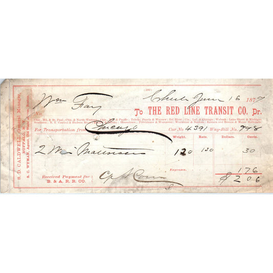 1879 The Red Line Transit Co B&A RR Co Buffalo NY Original Waybill Billhead AE7