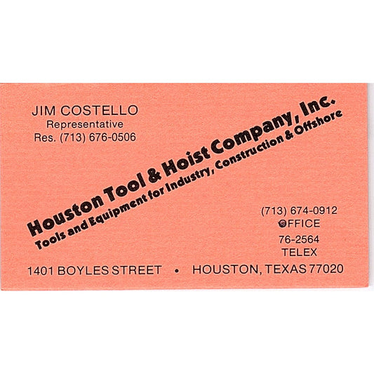 Jim Costello Houston Tool & Hoist Company Inc TX Vintage Business Card SD9-B4