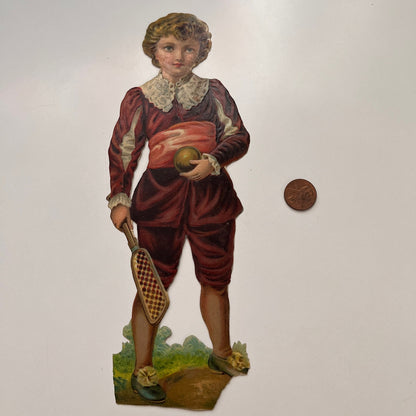 Boy Holding Tennis Racket and Ball  3x9" Antique Victorian Die Cut Scrap AJ9-1