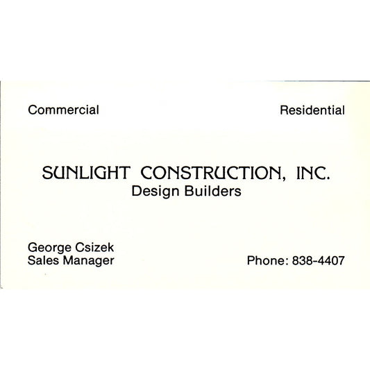 George Csizek Sunlight Construction Inc Vintage Business Card SD9-B3
