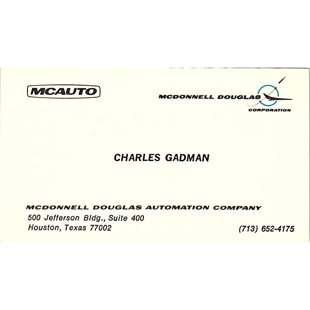 Charles Dadman McDonnell Douglas Automation Houston TX Vtg Business Card SE3-B16
