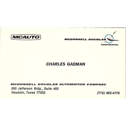 Charles Dadman McDonnell Douglas Automation Houston TX Vtg Business Card SE3-B16