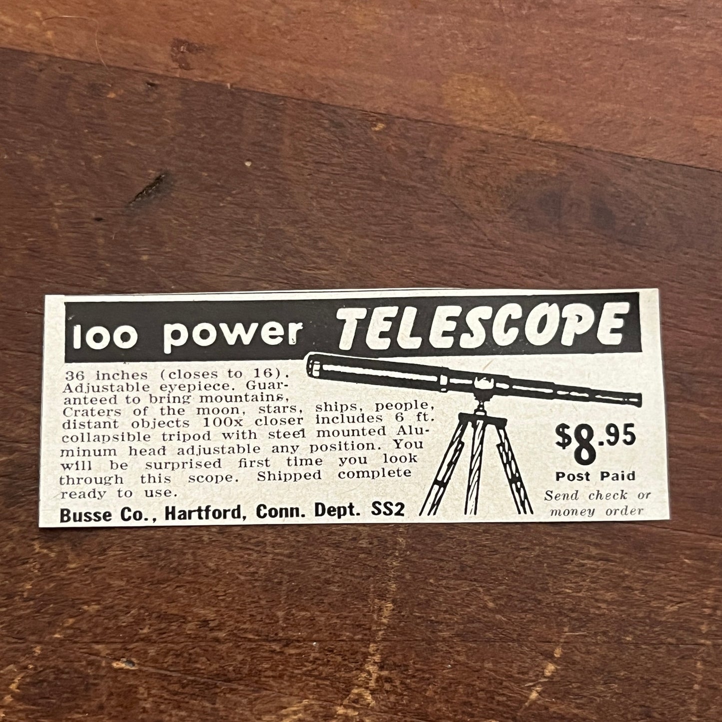 100 Power Telescope - Busse Co Hartford CT 1955 Ad AF9-S1