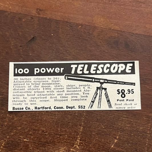 100 Power Telescope - Busse Co Hartford CT 1955 Ad AF9-S1