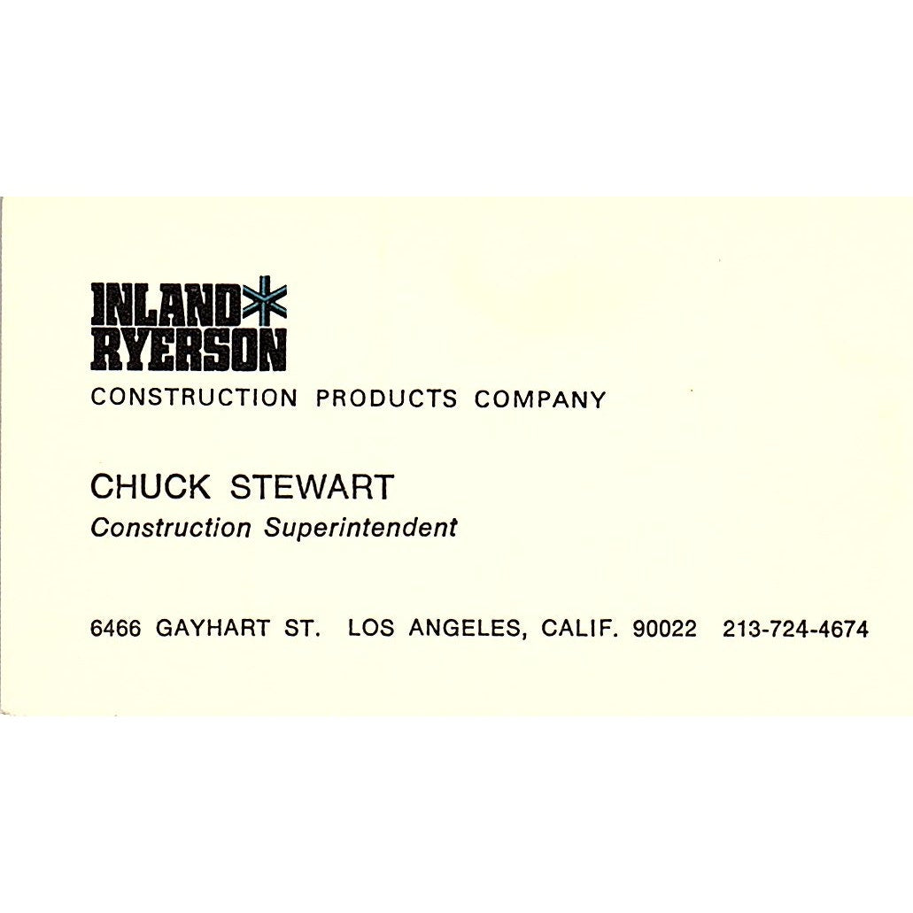 Chuck Steward Inland Ryerson Construction Los Angeles Vtg Business Card SC9-B12