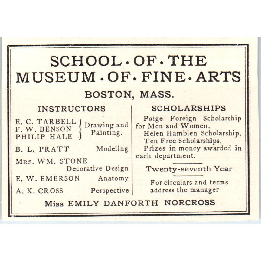 School of the Museum of Fine Arts 27th Year Boston c1905 Victorian Ad AE9-MA10