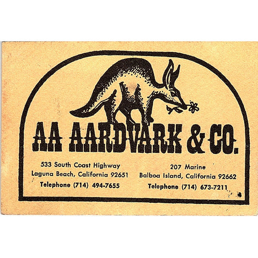 AA Aardvark & Co Laguna Beach Balboa Island CA Vintage Business Card TH2-B2