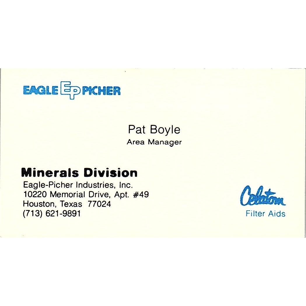 Eagle Picher Industries Pat Boyle Houston Texas Vintage Business Card SB4-B3