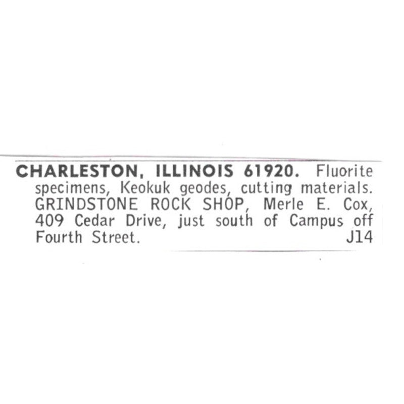 Grindstone Rock Shop Charleston Illinois Merle E. Cox 1972 Ad AF8-S22