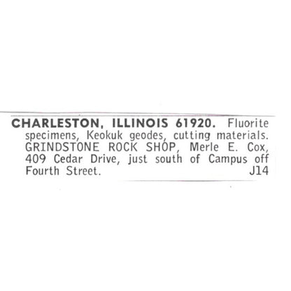 Grindstone Rock Shop Charleston Illinois Merle E. Cox 1972 Ad AF8-S22