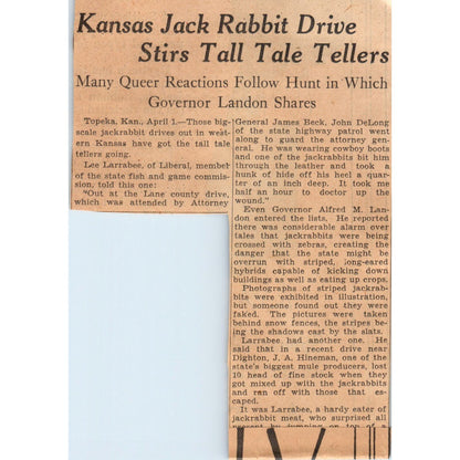 Liberal Kansas Jackrabbit Hunting Drive 1935 Newspaper Article AE7-N3