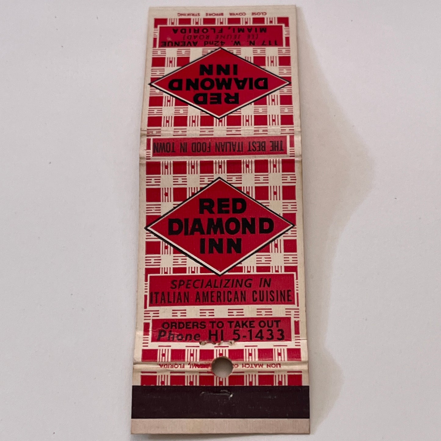 Red Diamond Inn Italian Cuisine Miami FL Vintage Matchbook Cover TB6-MB1-10