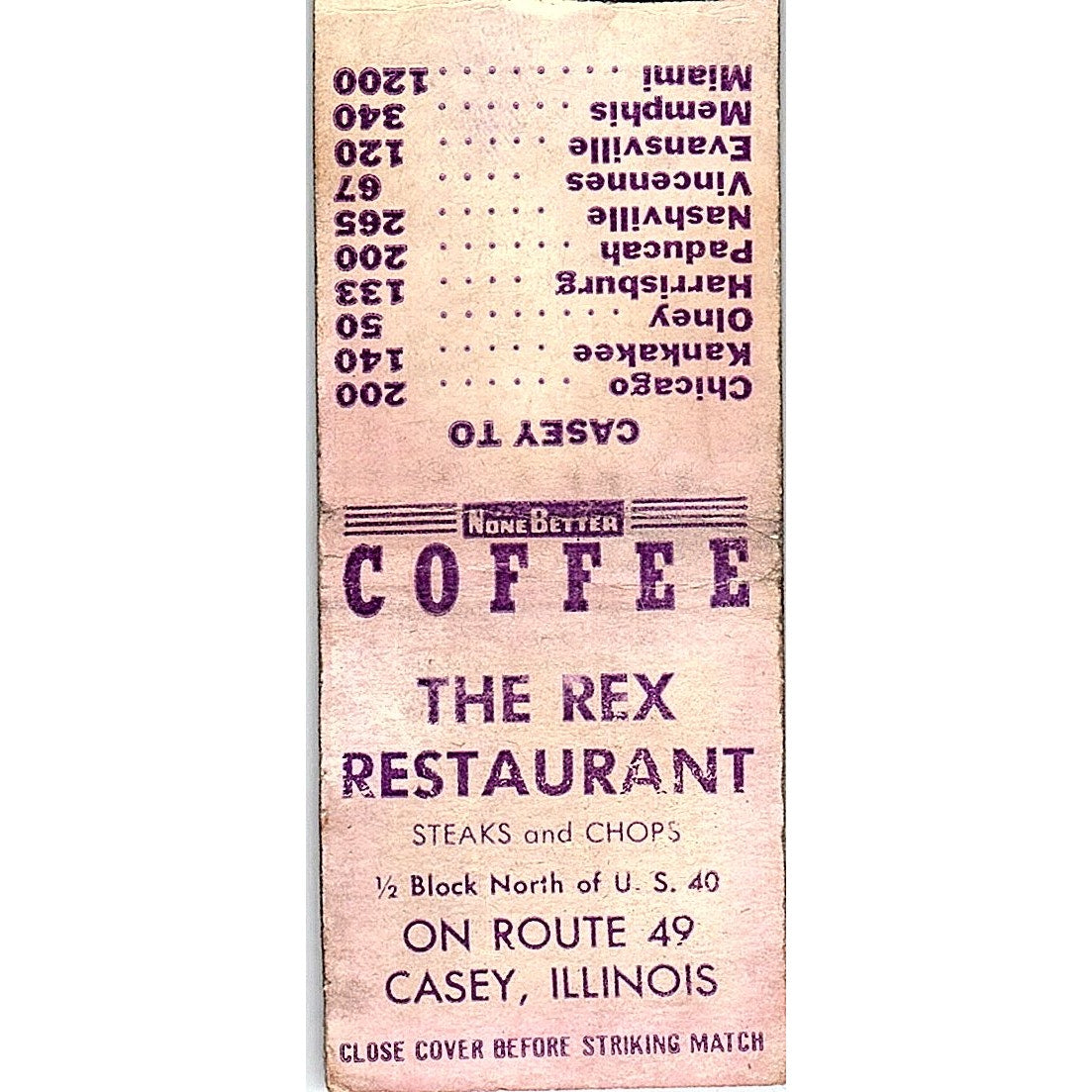 The Rex Restaurant Casey IL Vintage Matchbook Cover SC7-Y11
