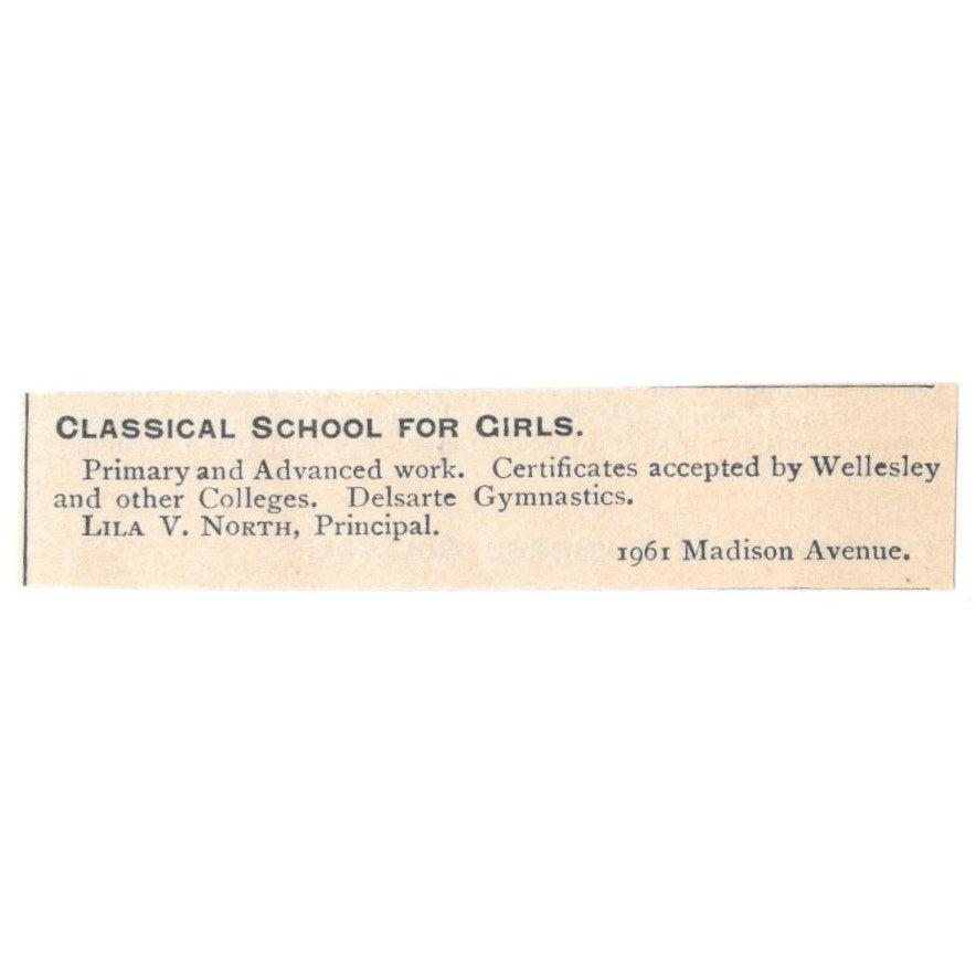 Classical School for Girls Lila V. North Madison Ave NY 1892 Magazine Ad AB6-S3