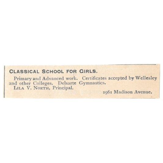 Classical School for Girls Lila V. North Madison Ave NY 1892 Magazine Ad AK6-S3