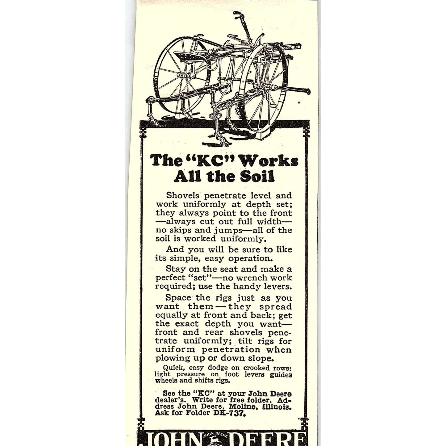 John Deere "KC" Farming Machinery Moline IL 1924 Ad AG3-H2