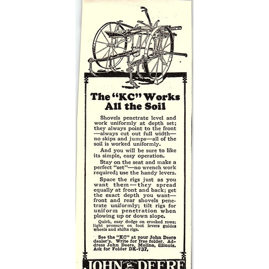 John Deere "KC" Farming Machinery Moline IL 1924 Ad AG3-H2