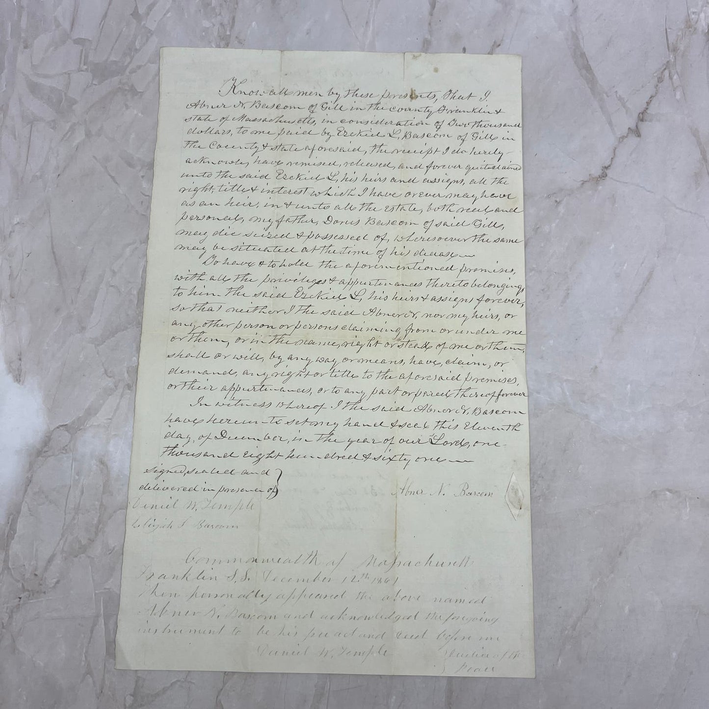 1861 Handwritten Loan Contract Abner N. Bascom Ezekiel Bascom Massachusetts AE6