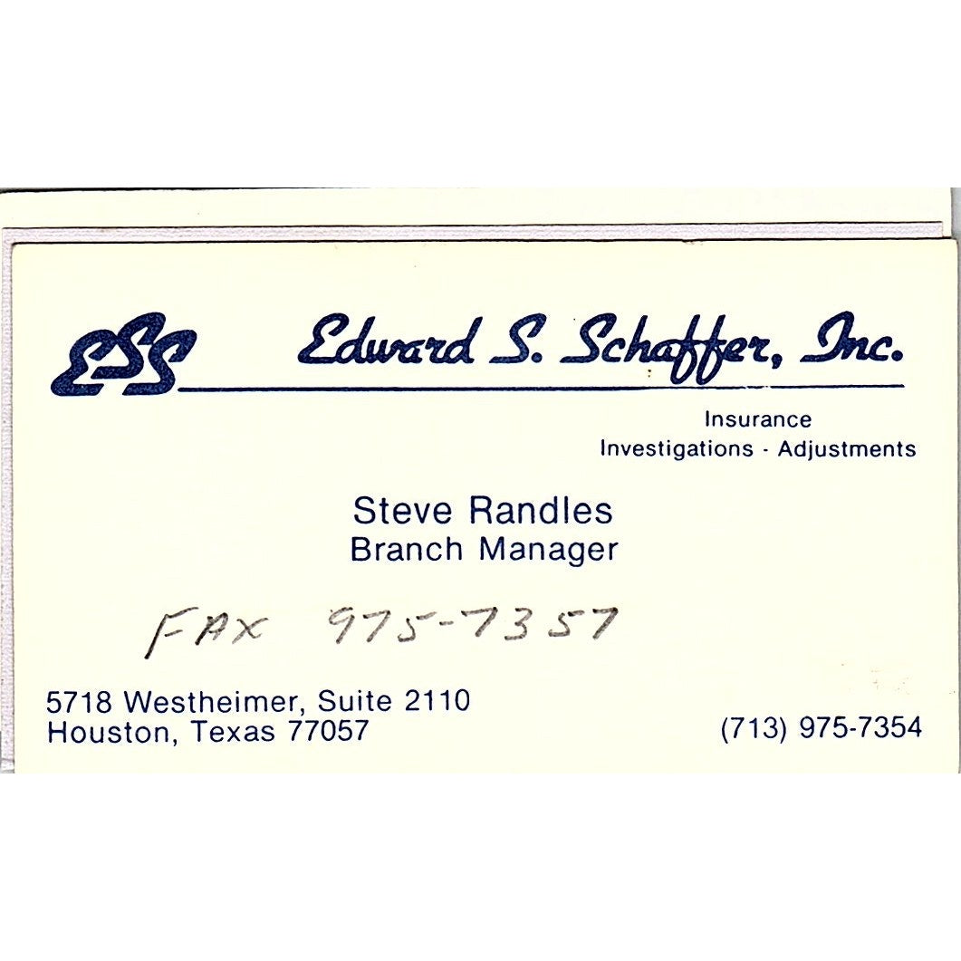 Steve Randles Edward S Schaffer Inc Houston Vintage Business Card SD9-B13