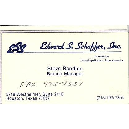 Steve Randles Edward S Schaffer Inc Houston Vintage Business Card SD9-B13