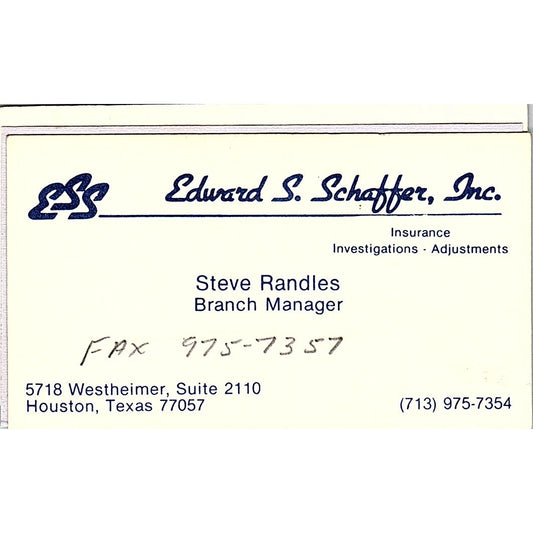 Steve Randles Edward S Schaffer Inc Houston Vintage Business Card SD9-B13