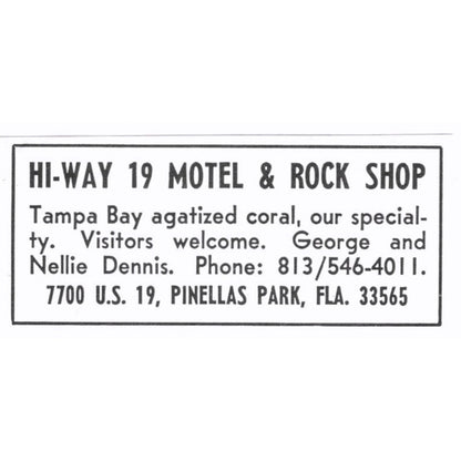 Hi-Way 19 Motel & Rock Shop Pinellas Park Florida 1972 Ad AF8-S7