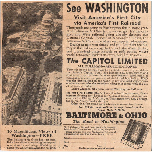 B&O Railroad See Washington 6" 1935 Minneapolis Journal Advertisement AE7-N9