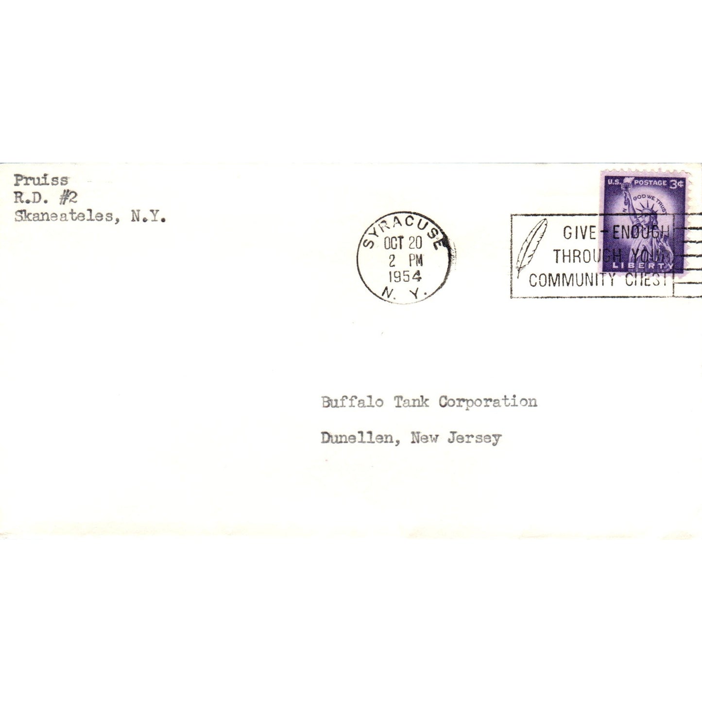 1954 Skaneateles NY to Buffalo Tank Corp Dunellen NJ Postal Cover TI5-PC1