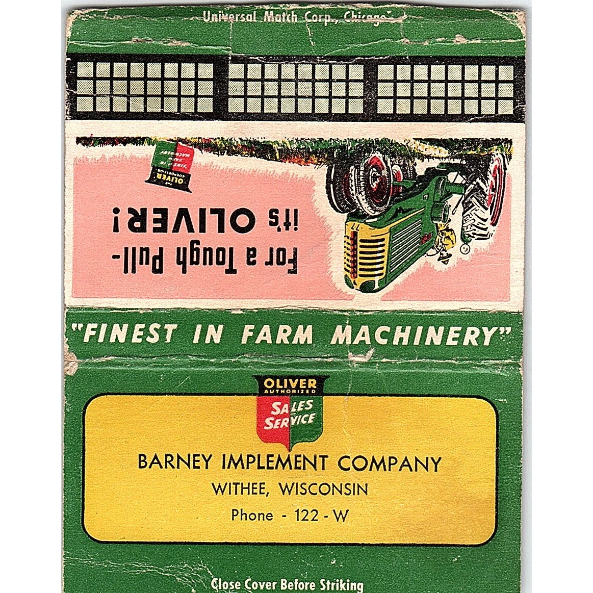 Barney Implement Company Oliver Tractor Withee WI Vintage Matchbook Cover TH2-Y1