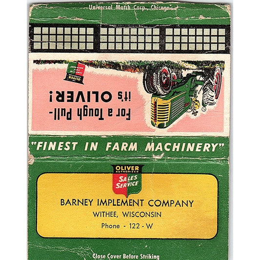 Barney Implement Company Oliver Tractor Withee WI Vintage Matchbook Cover TH2-Y1