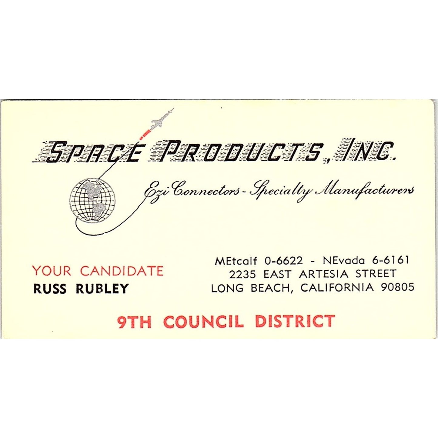 Space Products Russ Rubley 9th Council District L.B. Calif Business Card SF3-B3