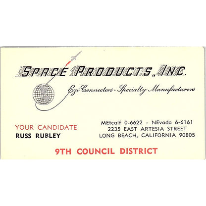 Space Products Russ Rubley 9th Council District L.B. Calif Business Card SF3-B3