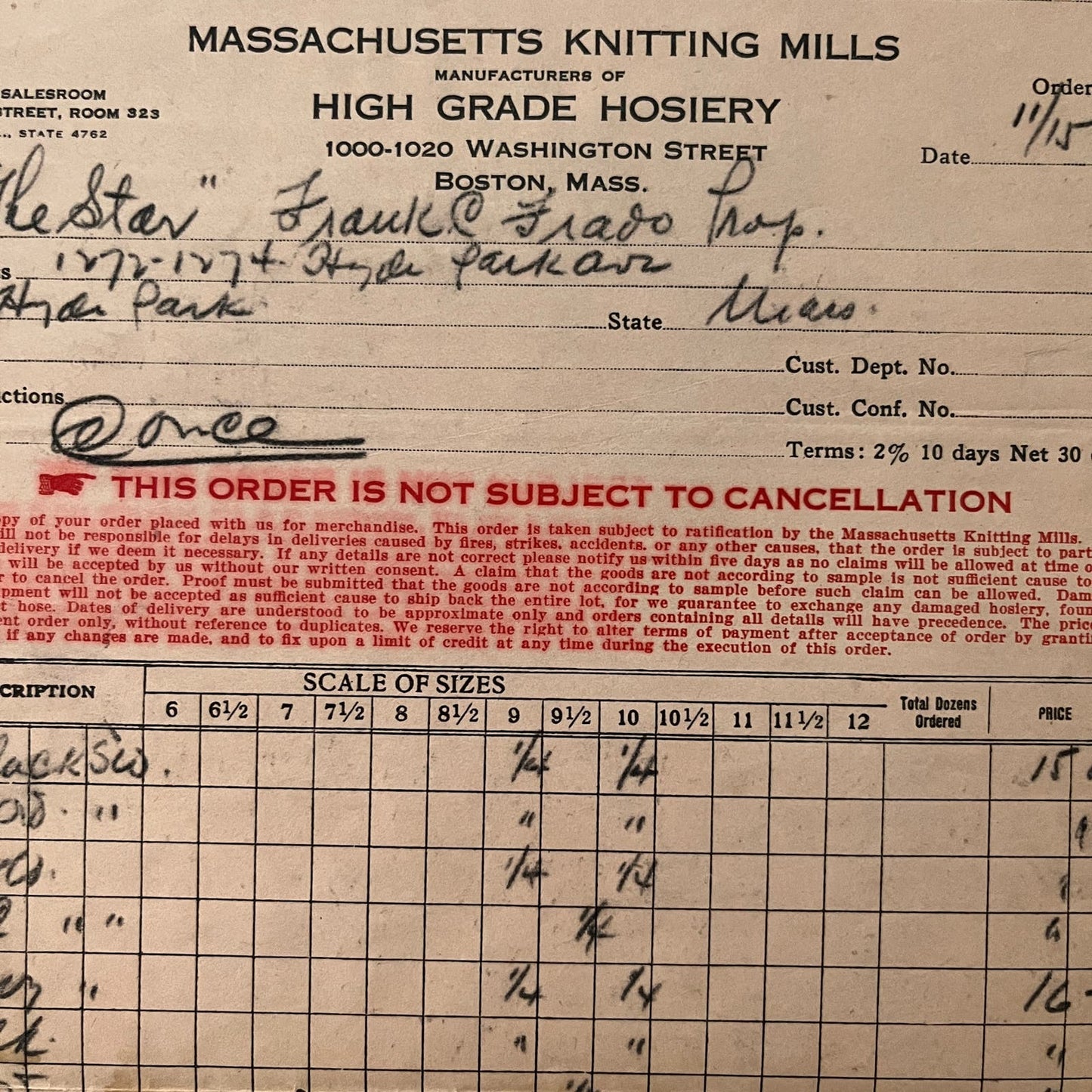 Massachusetts Knitting Mills 1920s Original Billhead Letterhead Receipt D8-LL