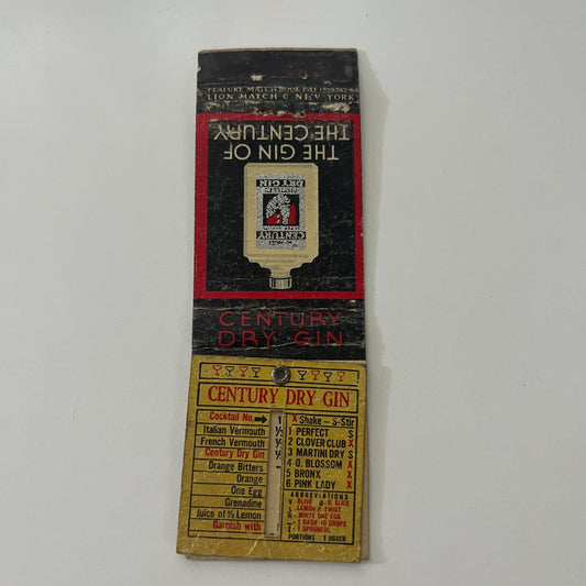 Century Dry Gin w/ Built-In Recipe Dial Slider Vintage Matchbook Cover MB37-2