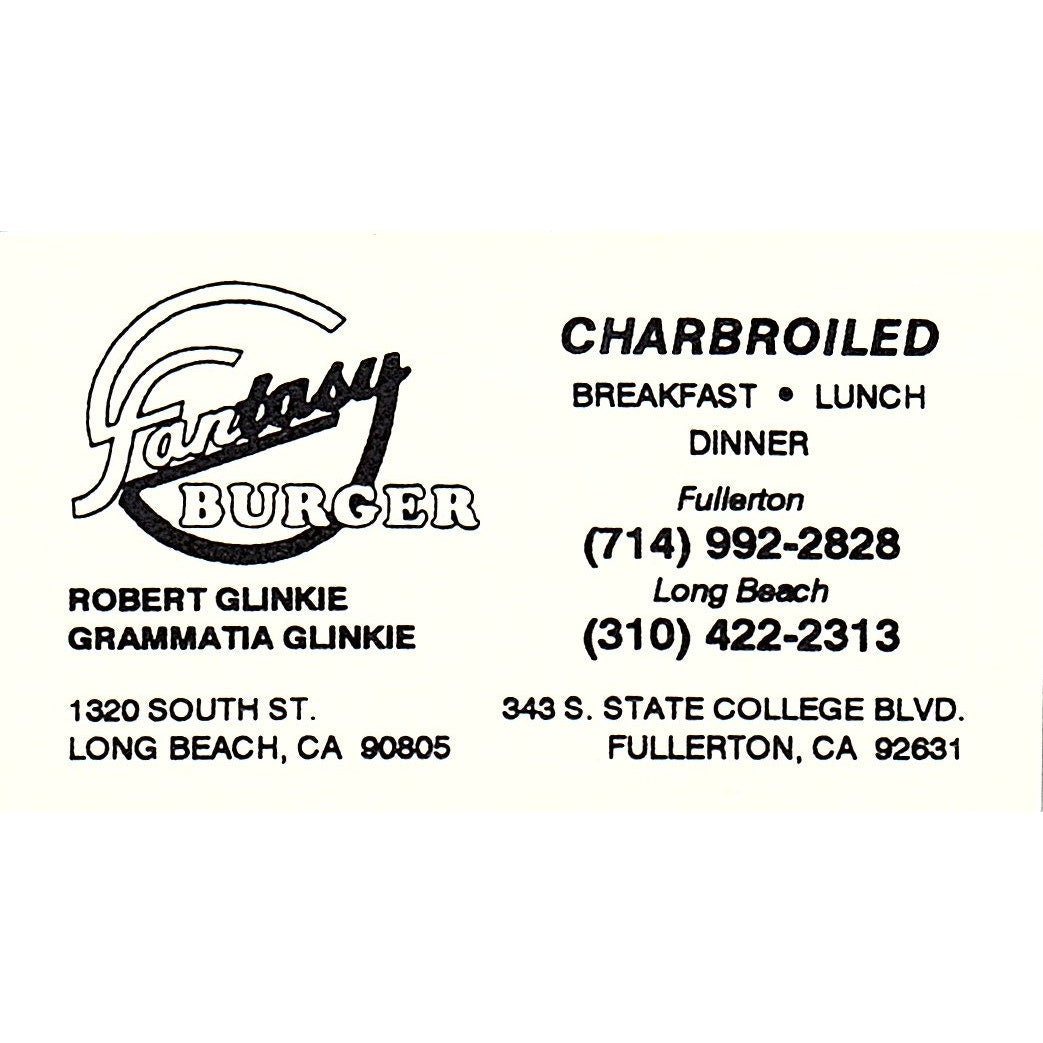 Fantasy Burger Robert & Grammatia Glinkie Fullerton Vintage Business Card SC9-B1