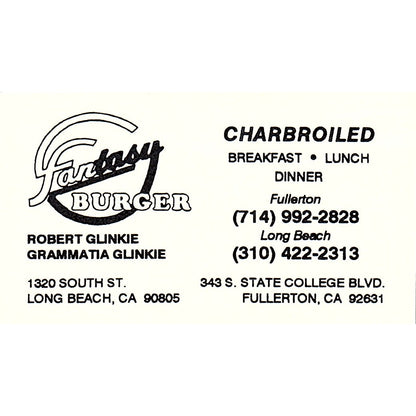 Fantasy Burger Robert & Grammatia Glinkie Fullerton Vintage Business Card SC9-B1