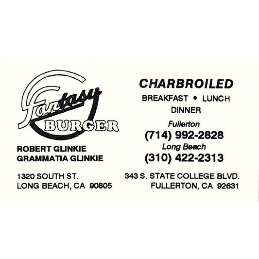 Fantasy Burger Robert & Grammatia Glinkie Fullerton Vintage Business Card SC9-B1