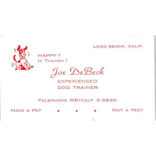 Joe DeBeck Dog Trainer Long Beach CA Vintage Business Card SD8-B15