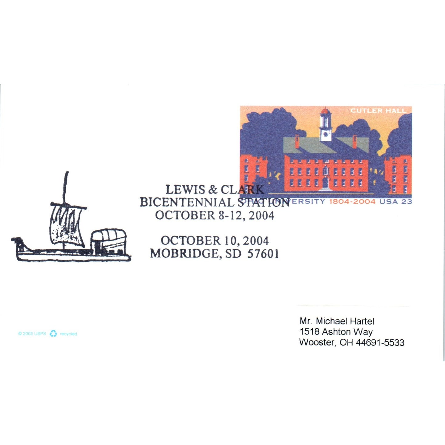2004 Lewis Clark Bicentennial Cutler Hall Stamp Viking Ship Postal Cover TG7-PC1