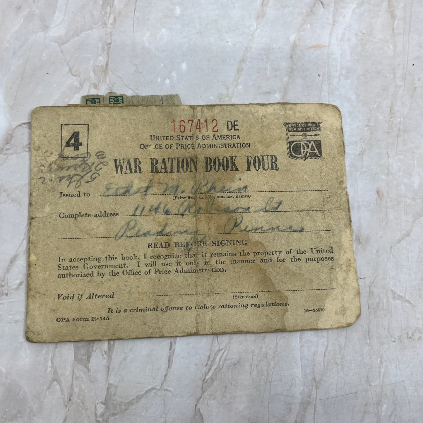 1940s WWII Ration Book Four With Ration Stamps TI8-S6