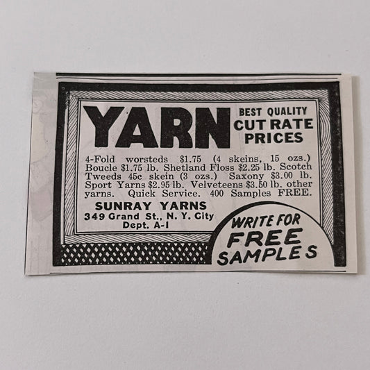 Sunray Yarns Yarn Cut Rate Prices New York NY 1936 Ad SAG4-M4