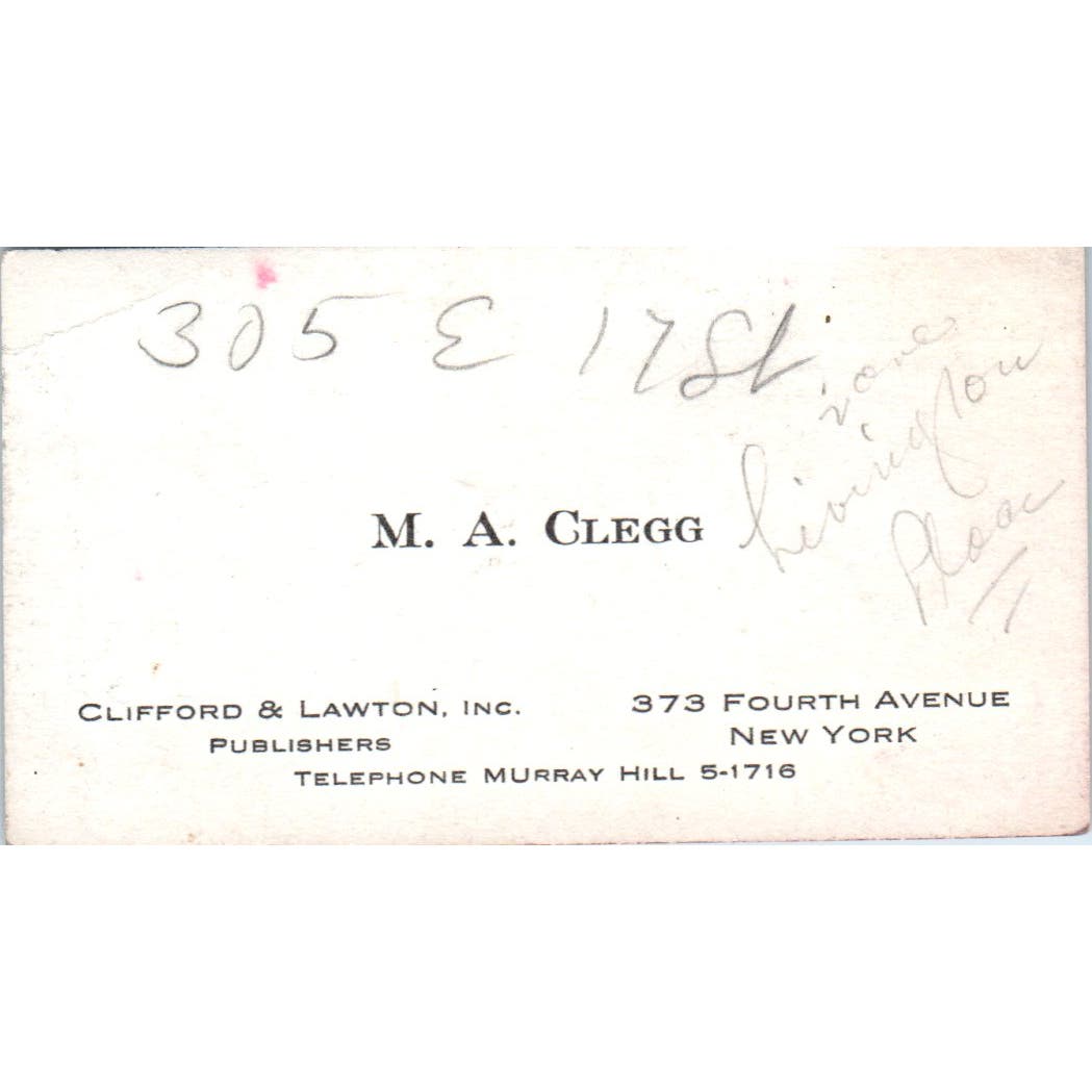 M.A. Clegg Clifford & Lawton Fourth Ave NY Vintage Business Card AF1