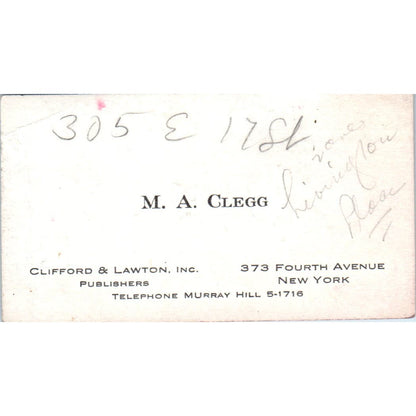 M.A. Clegg Clifford & Lawton Fourth Ave NY Vintage Business Card AF1