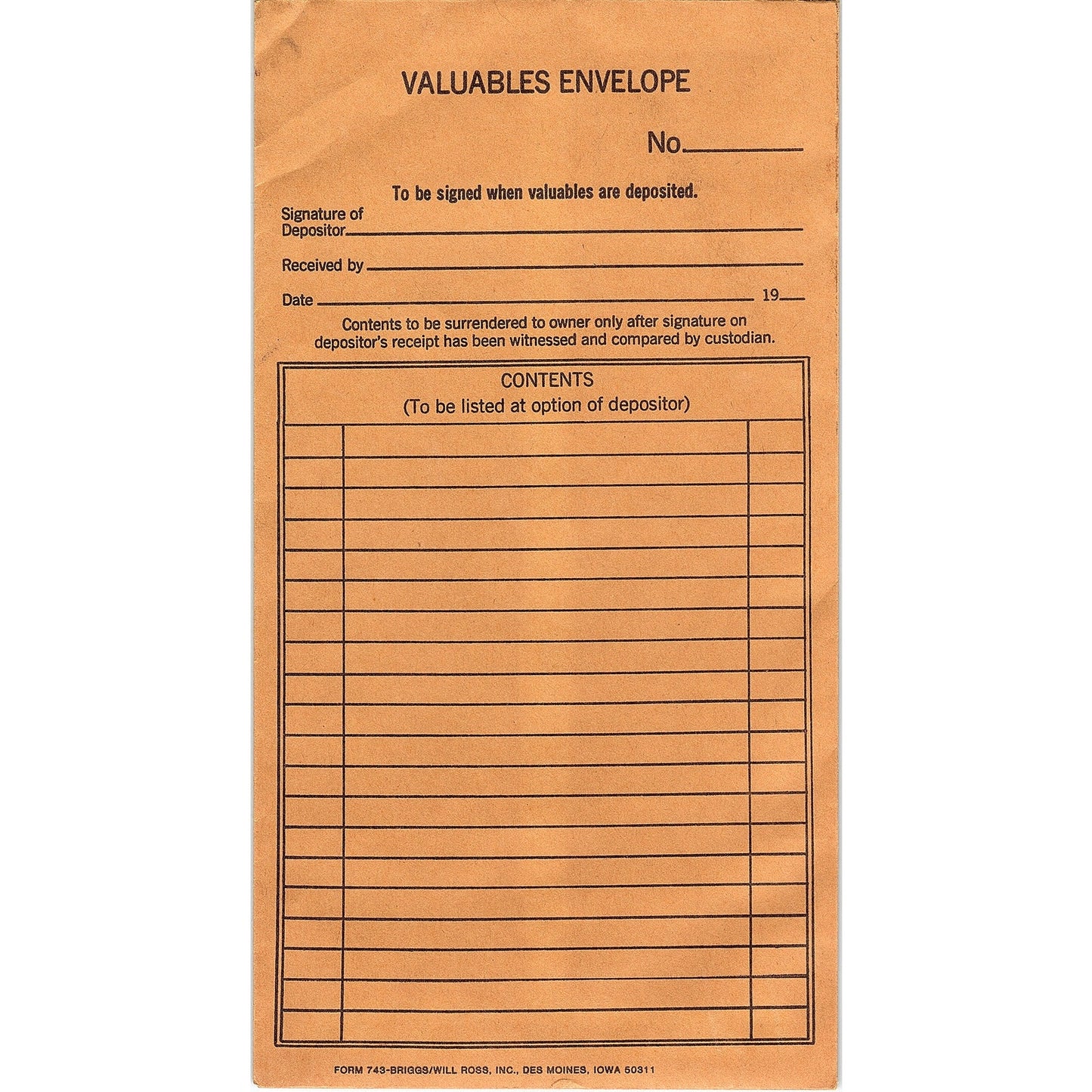 Vintage Blank Valuables Envelope Briggs/Will Ross Inc Des Moines IA V1-8