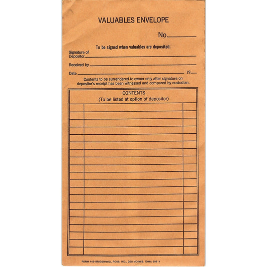 Vintage Blank Valuables Envelope Briggs/Will Ross Inc Des Moines IA V1-8