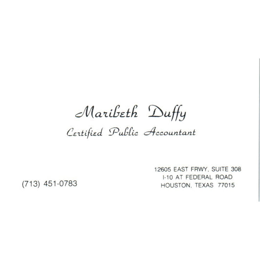 Maribeth Duffy Certified Public Accountant Houston Vintage Business Card SD4-B2
