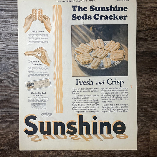 1924 Sunshine Soda Crackers Kansas City MO Vintage Magazine Ad 11x14 V9