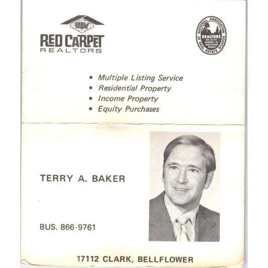 Terry A. Baker Red Carpet Realtors Bellflower CA Vintage Business Card SD4-B5